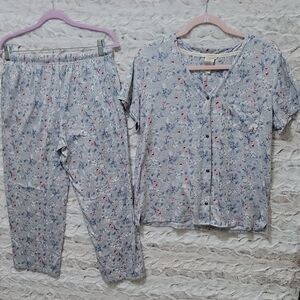 Lucky Brand Pajama Set, Womens S Light Blue Floral Short-Sleeve Top, Ankle Pants